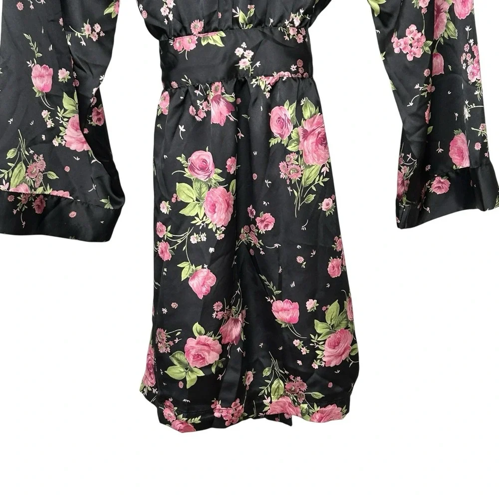 Victorias Secret Floral Silky Robe One Size O/S Y2k Coquette Romantic Mini Black - Picture 10 of 12